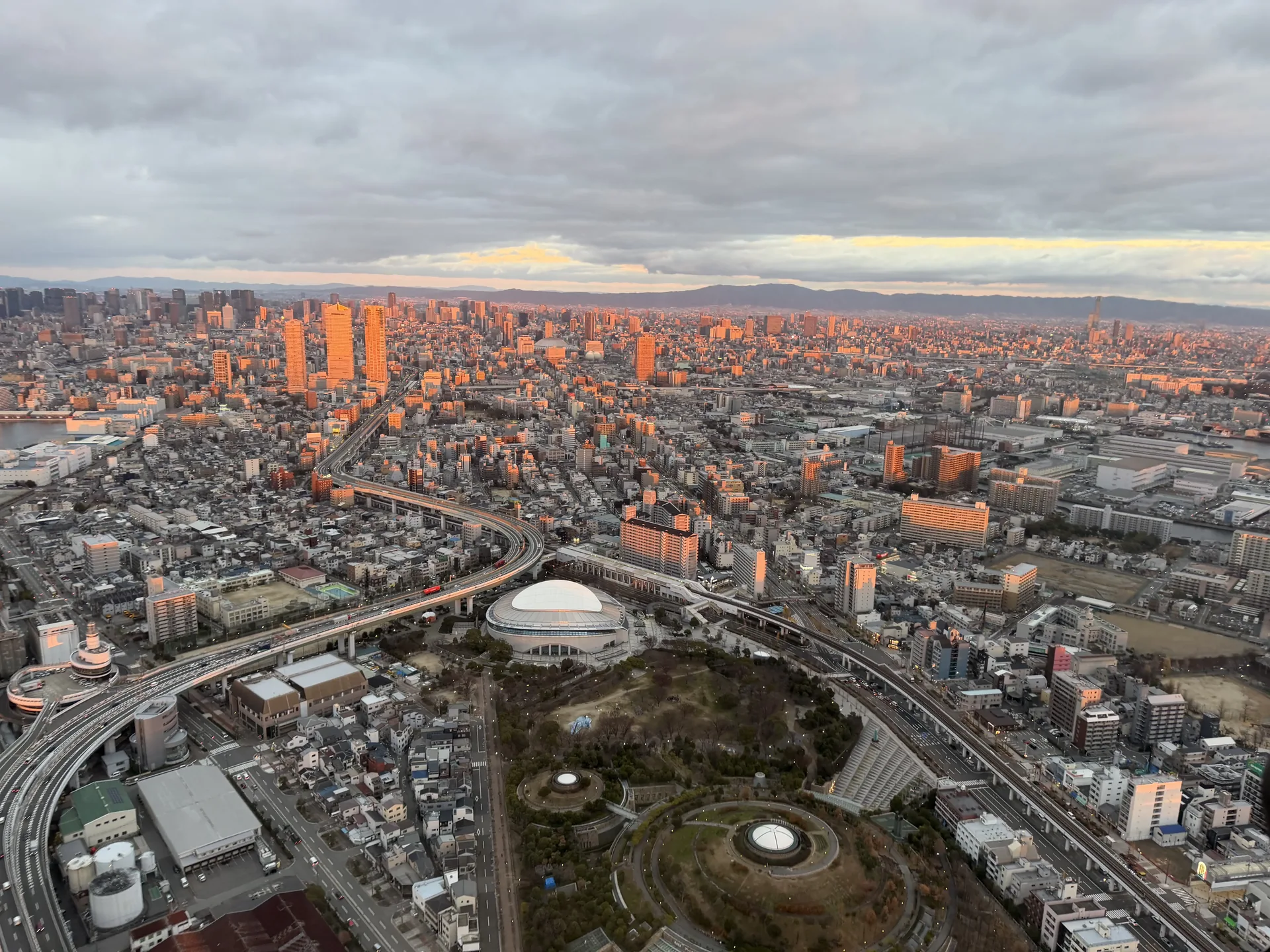 Aerial view of Osaka homes, roads and green spaces